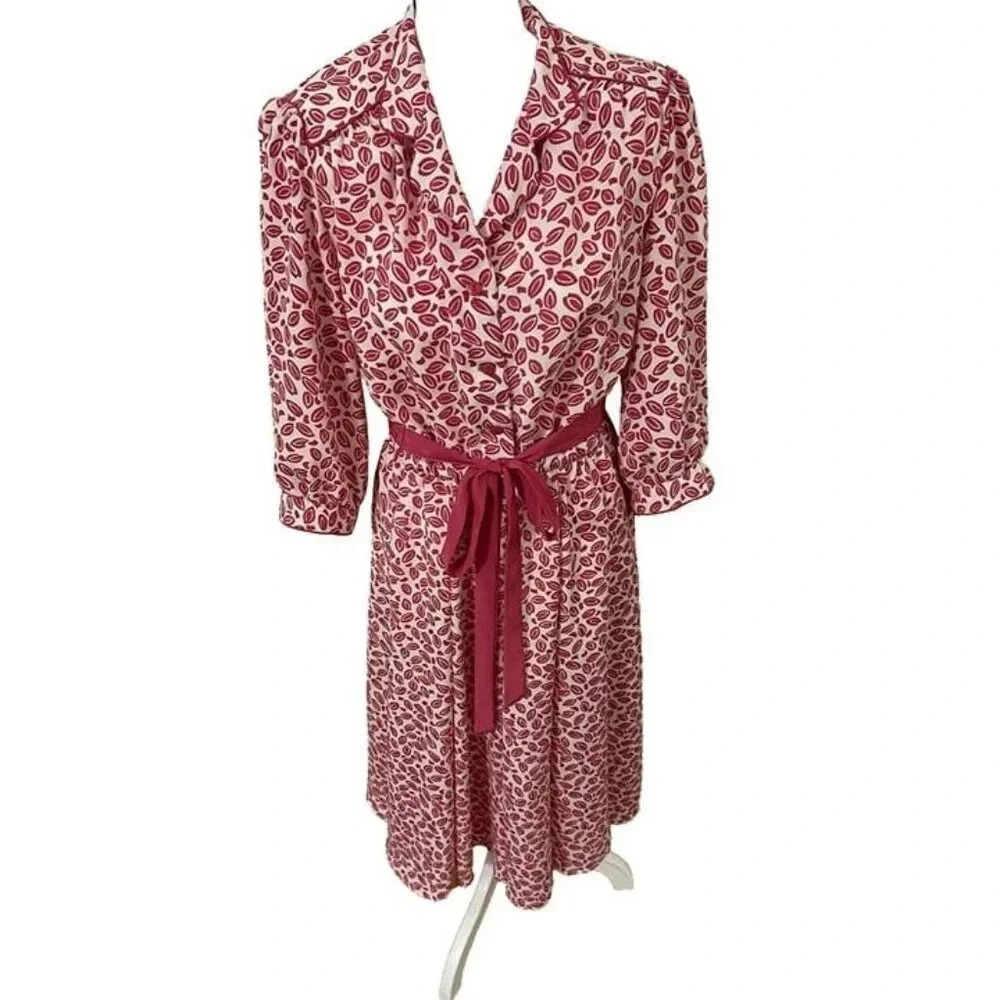 Rare‎ Vintage Petites By WILLI Sz 12 Pink Floral Spring Couture Midi Shirt Dress